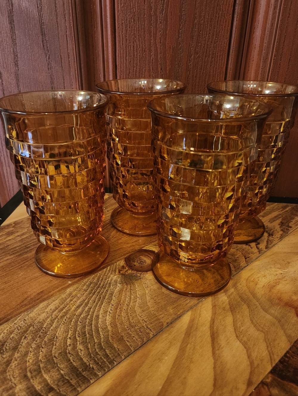 Vintage Indiana Glass Colony Whitehall Amber Footed Iced Tea Glasses Set Of 4